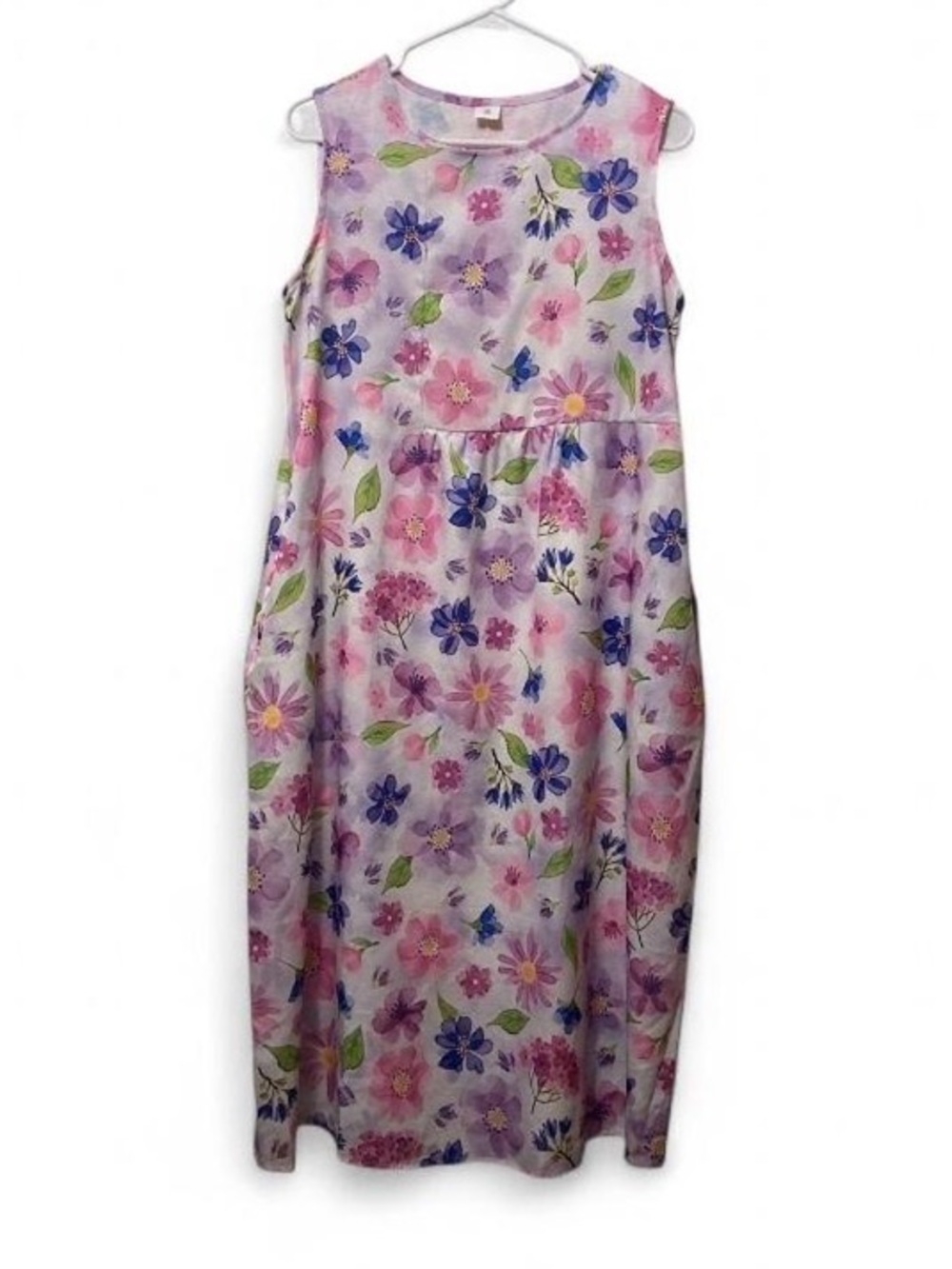 Vintage Sleeveless Floral Cotton Midi Dress in Pink & Purple